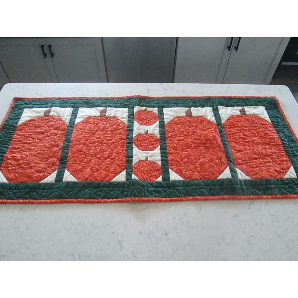 Handmade Pumpkin Fall Table Runner Cloth Green Orange Cream Grandma Cottage Core
